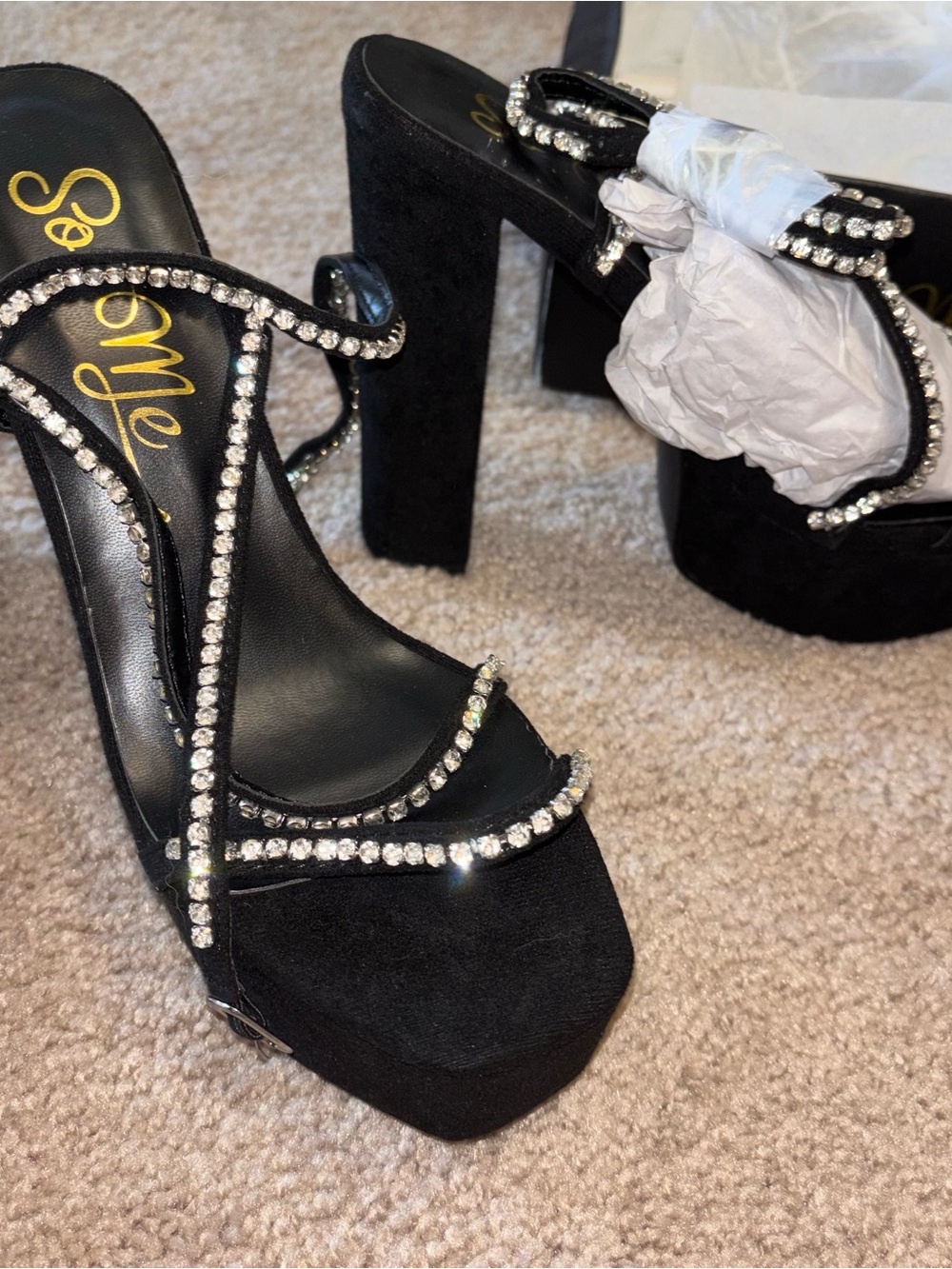 So Me 7.5 Black Rhinestone-Trim Platform Sandals new